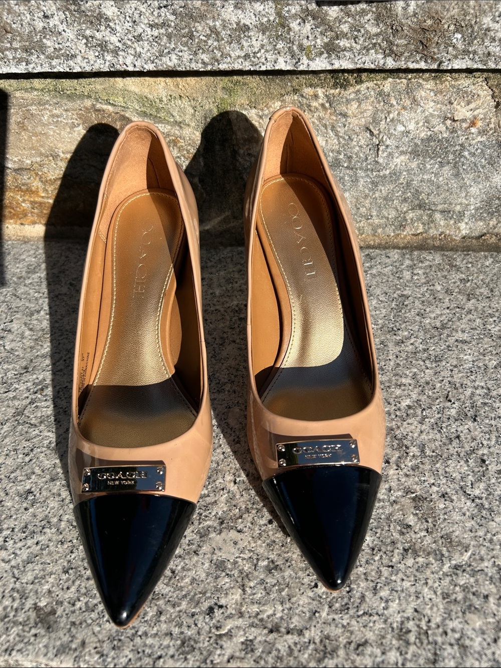 Coach Two-Tone Pointed Toe Pump in Tan and Black